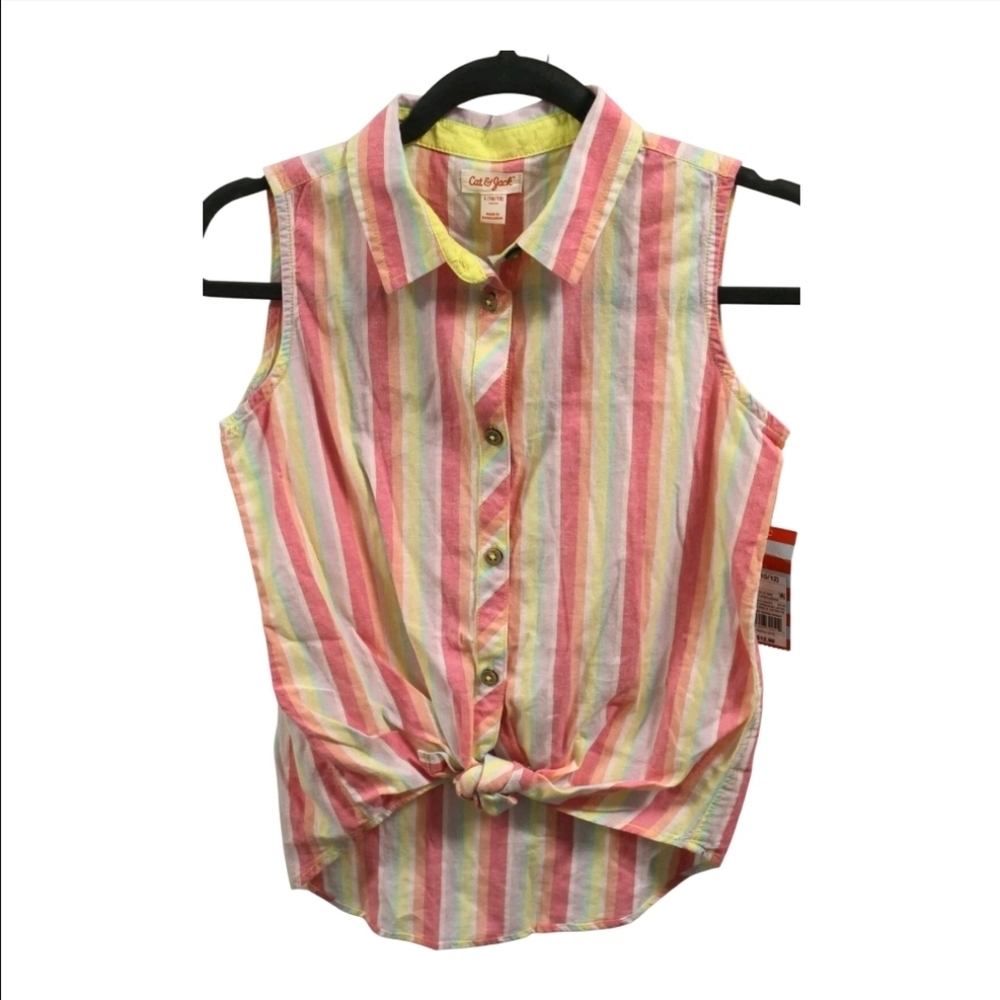 Cat & Jack Girls Sleeveless Button Up Top, Multi-Color Stripes, Size L (10/12)
